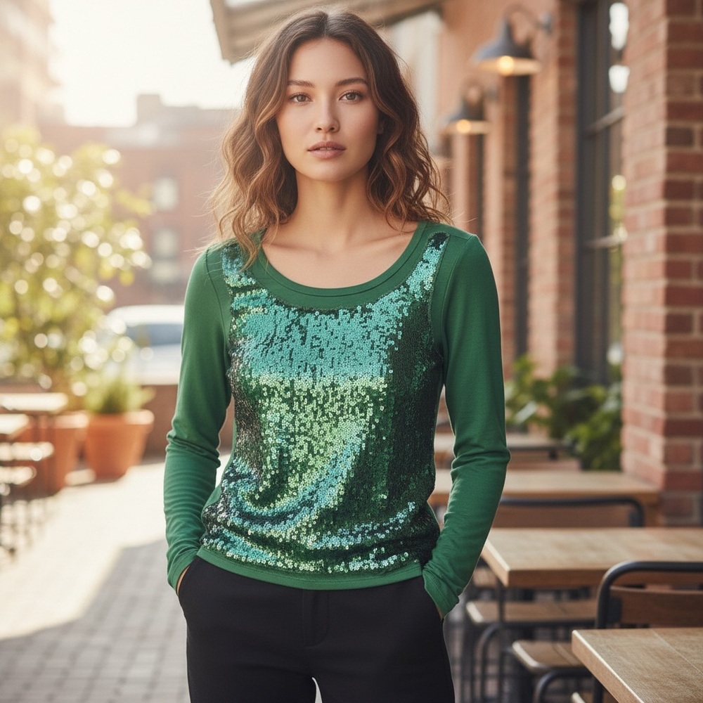 MM Meesh & Mia Green Sequin Long Sleeve Festive Blouse